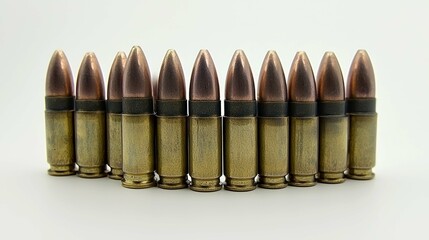 Close-up of a row of bullets, representing the complex social issues surrounding firearms and their impact on society.