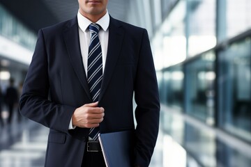 Fototapeta premium Business professional stands confidently in modern corporate setting. Generative AI