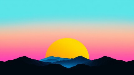 Obraz premium A vibrant sunset over stylized mountains, showcasing a gradient sky with hues of pink, blue, and a large yellow sun.