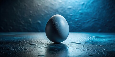 A single, dew-kissed egg rests on a cool, dark surface, illuminated by an ethereal blue light.  The image evokes a sense of mystery and tranquility.