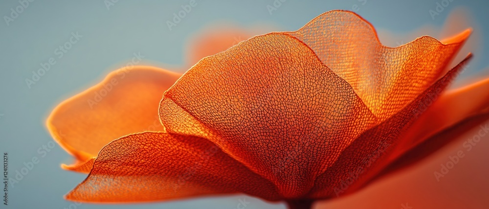 Poster translucent orange flower with delicate net like structure against a soft blue background