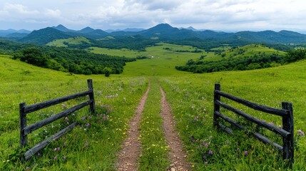 Fototapeta premium Mountain valley path, green hills, summer day, rural scene