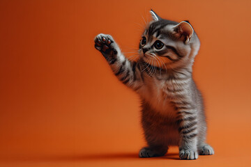 Obraz premium Cat holding up hand on blur background