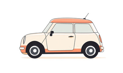 A small car is driving in the woods