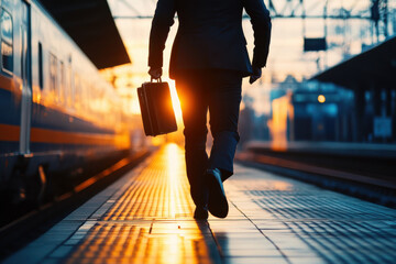 Fototapeta premium Rear view of the silhouette of a businessman holding a briefcase running on a train platform