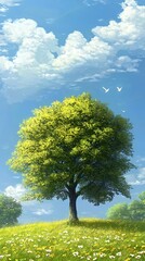 Obraz premium Serene Summer Meadow: A Lone Tree Under a Blue Sky