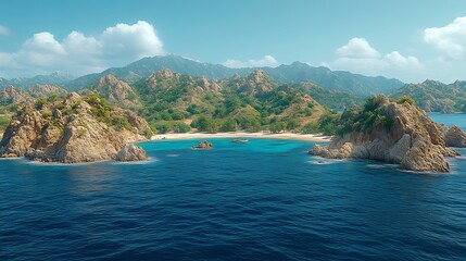 Fototapeta premium Secluded Cove Beach with Boats and Mountain View