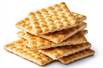 Stack of delicious square crackers on white background