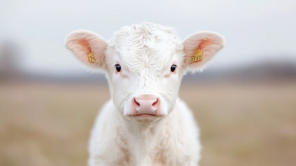 Obraz premium White calf stares, rural field background, farm animal portrait