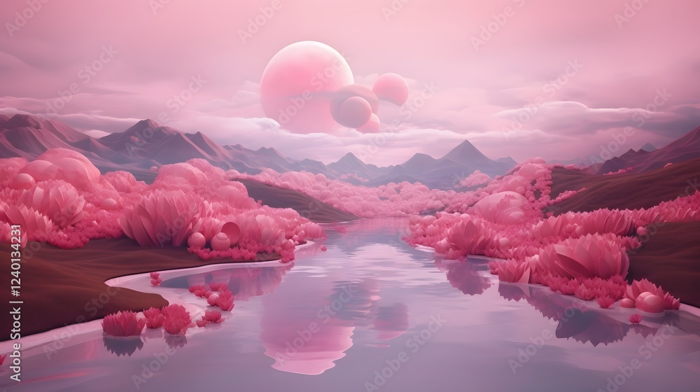 Poster surreal and dreamlike landscape created from a composition of abstract 3d geometric shapes presentin