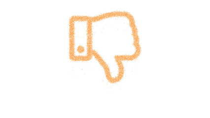 Icon thumbs down is made of yellow grains of sand. Some grains of sand fall down. Transparent background. Black