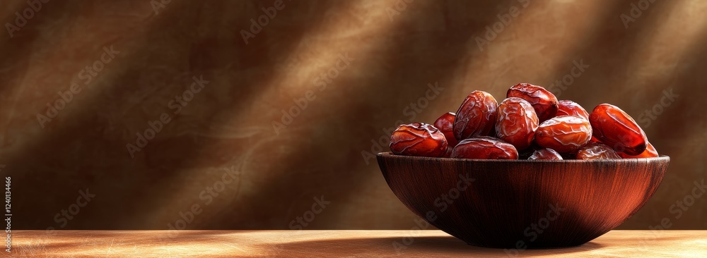 Poster dates in a wooden bowl on a table.