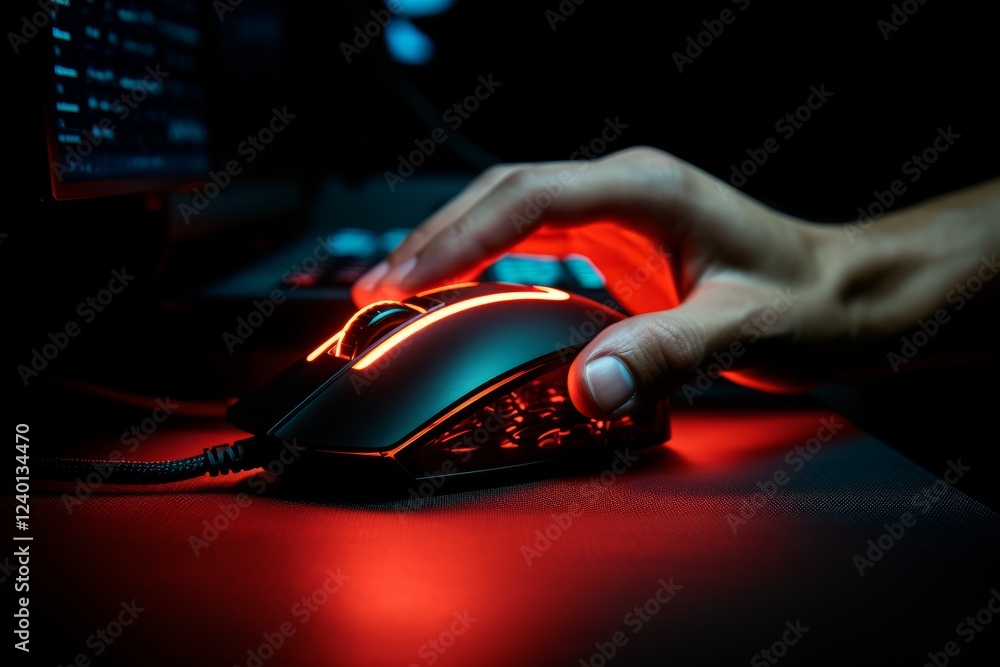 Poster gaming in the dark with a vibrant red-lit mouse at a modern setup. generative ai
