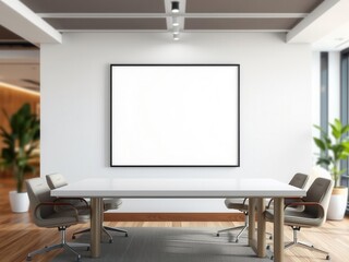 A mockup of office wall art displayed in a conference room setting with a blurred background of a modern workspace, corporate, meeting room, interior design