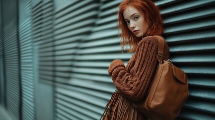 Redhead woman in brown sweater leans against a metal wall, holding a brown bag.