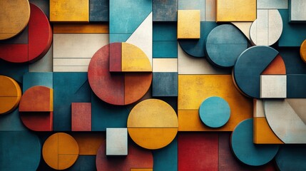 Fototapeta premium retro geometric shapes arranged horizontally, showcasing a mix of circles, triangles, and squares in muted vintage colors, evoking a sense of mid-century design.