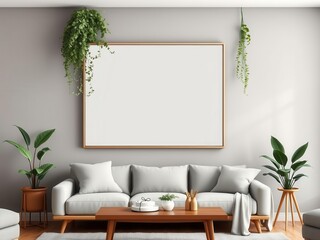 A mockup of a modern living room wall art featuring natural elements like plants and wood accents, wall art, decoration, living room