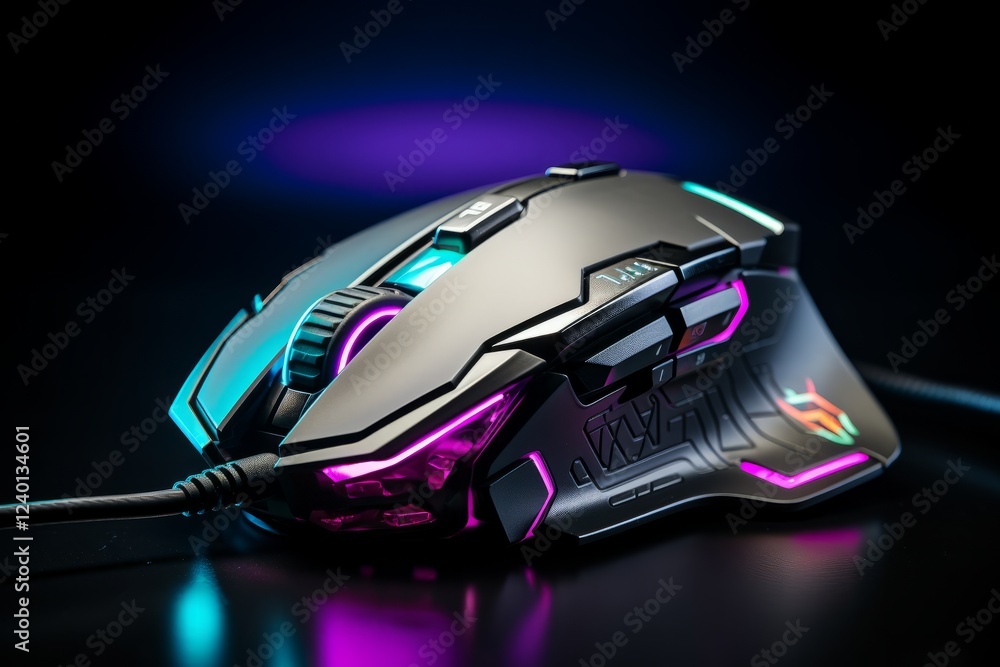Poster sleek gaming mouse illuminated in vibrant colors on a dark surface. generative ai