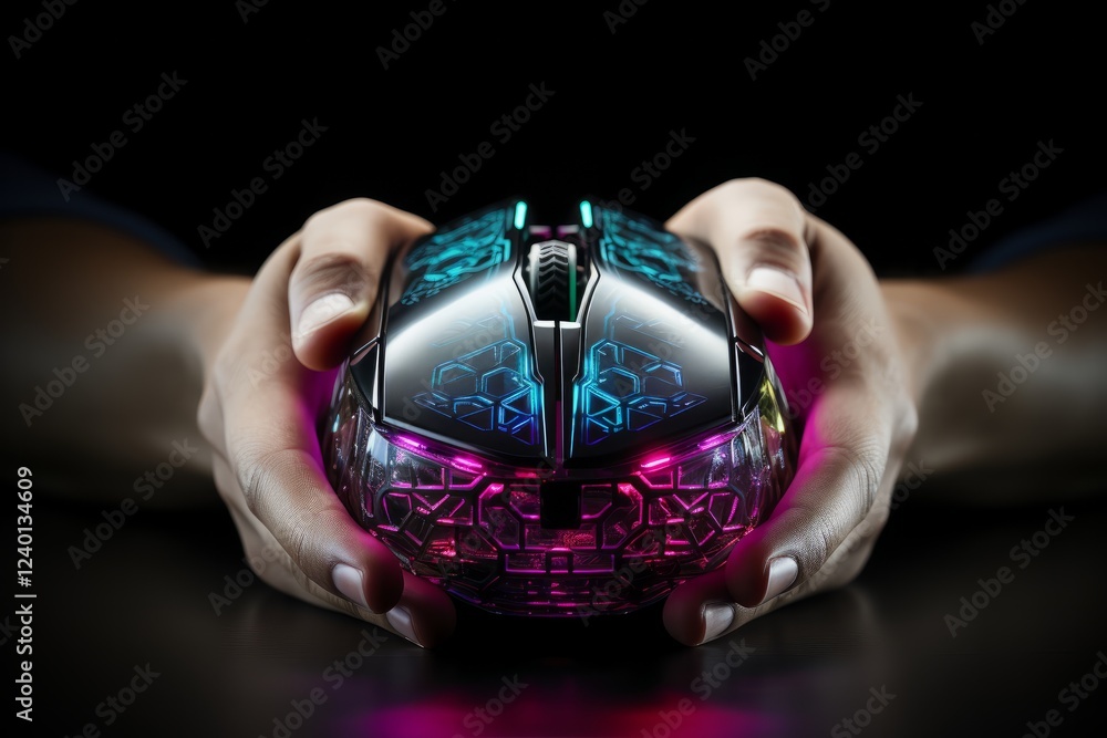 Poster high-tech gaming mouse held by hands in a dark environment with vibrant lights. generative ai