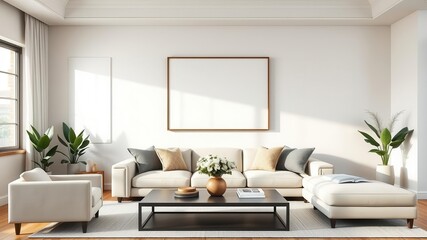 A mockup of a modern living room with stylish wall art in the background, indoor, stylish, living room
