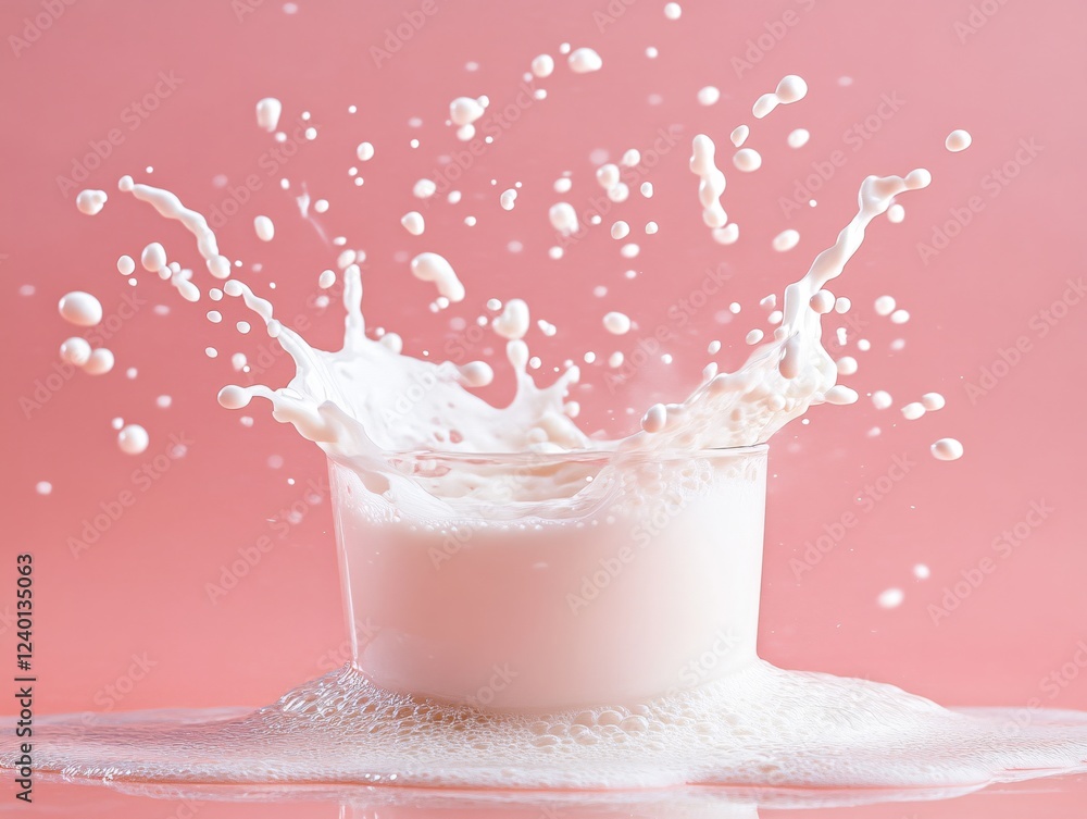 Poster milk splash in glass on pink background creating dynamic movement and texture with bubbles