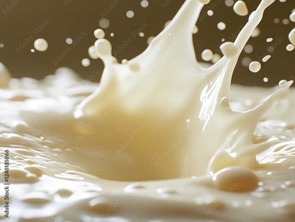 Poster creamy liquid splash with droplets creating a dynamic abstract pattern against dark background