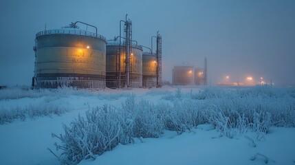 Obraz premium Oil storage tanks illuminated at twilight in a snowy landscape