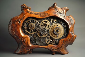 Clock design features beautifully carved wood frame with intricate exposed gears showcasing craftsmanship and mechanical precision