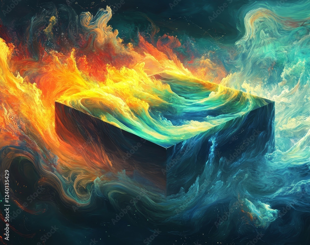 Poster abstract cube engulfed in fiery, watery swirls.