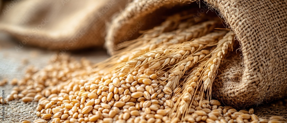 Poster golden wheat grains and stalks spilling from a burlap sack on a rustic surface close up view