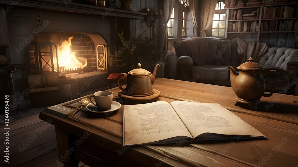 Poster cozy and inviting tea corner with a steaming cup of tea and an open book creating a peaceful and con