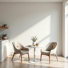 kitchen interior in light colors, 2 chairs and a round table in the center