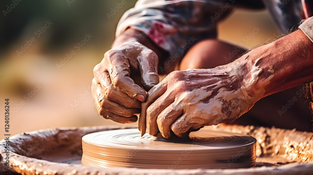 Poster close up view of skilled hands delicately shaping and molding clay on a spinning pottery wheel showc