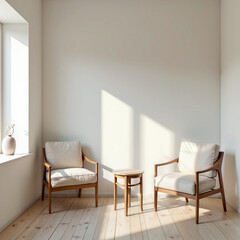 kitchen interior in light colors, 2 chairs and a round table in the center