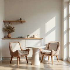 Fototapeta premium kitchen interior in light colors, 2 chairs and a round table in the center