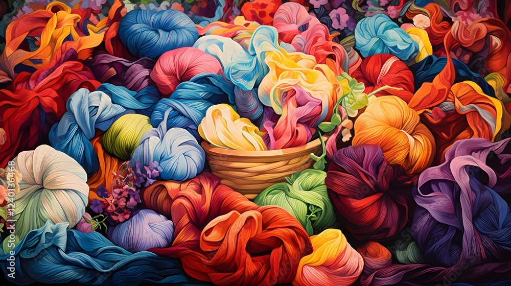 Poster vibrant knitting scene featuring an array of colorful skeins of woollen yarn in various hues ideal f