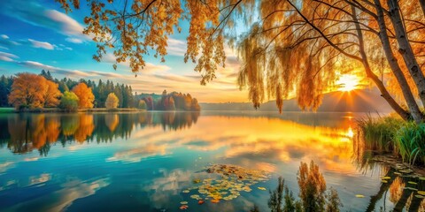Serene Autumn Sunset Over Calm Lake Water, Reflected Colors of Golden Trees and Sky, Peaceful Landscape