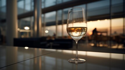 Obraz premium Elegant glass of white wine capturing the sunset glow in a modern setting. Generative AI