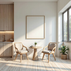 kitchen interior in light colors, 2 chairs and a round table in the center