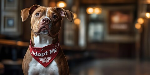 Adorable Pit Bull Wearing 'Adopt Me' Bandana in Rustic Setting