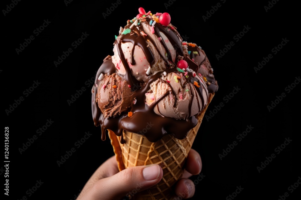 Poster indulgent ice cream cone with rich chocolate drizzle and colorful sprinkles. generative ai