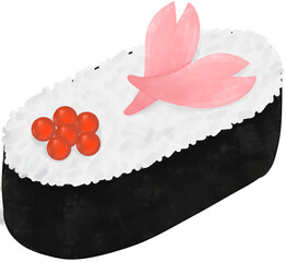 Sushi on top with pink flower.