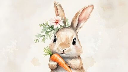 Adorable Watercolor Bunny Holding Carrot Flower Crown