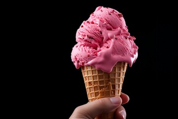 Enjoying a delightful pink ice cream cone under a dark backdrop. Generative AI