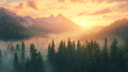Obraz premium Breathtaking Mountain Landscape with Glowing Sunrise Sky and Misty Evergreen Forests mountain landscape