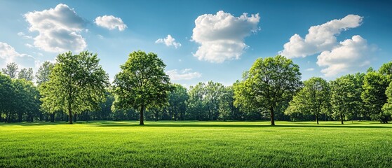 Lush green meadow with trees under a bright blue sky with fluffy white clouds on a sunny day