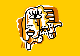 hand drawn abstract face illustration featuring expressive lines, unique shapes, and artistic details.