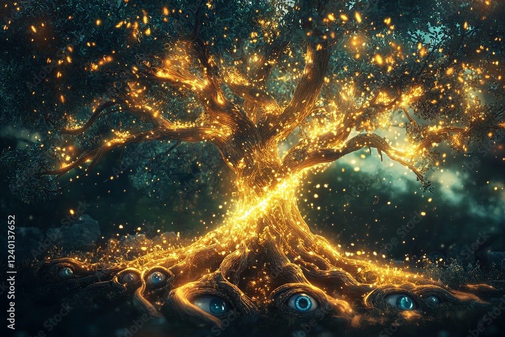 Aufkleber Glowing Tree of Life with luminous roots creating a captivating mystical atmosphere at dusk