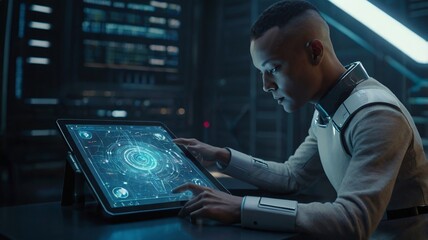 Focused Man Interacting with Futuristic Tablet Interface in a Dark Tech Environment
