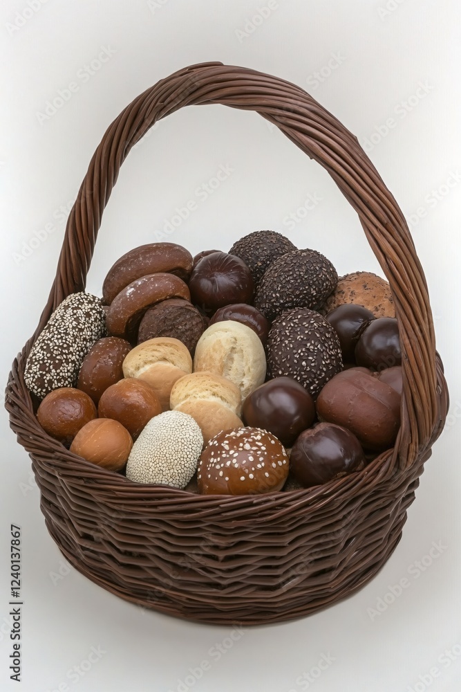 Poster Assorted Bread Rolls in Wicker Basket on White Background with Various Toppings and Glazes